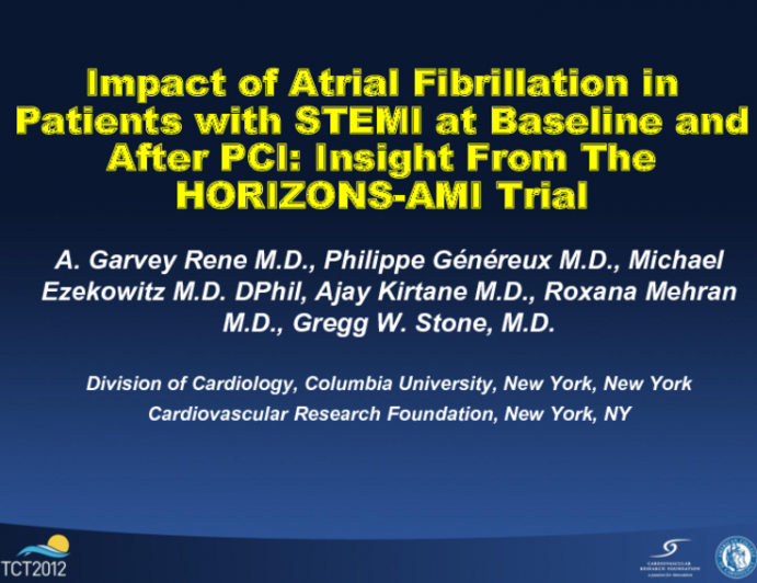 TCT-62. Impact of Atrial Fibrillation in Patients with STEMI Before and After Primary PCI: Insights from the HORIZONS-AMI Trial