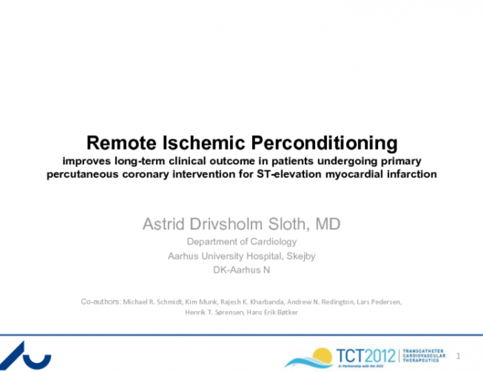 TCT-63. Remote Ischemic Perconditioning Improves Long-term Clinical Outcome in Patients Undergoing Primary Percutaneous Coronary Intervention for ST-elevation Myocardial Infarction