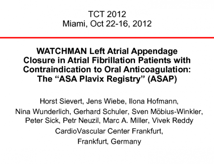 TCT-83. Watchman Left Atrial Appendage Closure in Atrial Fibrillation Patients with Contraindication to Oral Anticoagulation: the “Aspirin Plavix Registry” (ASAP)