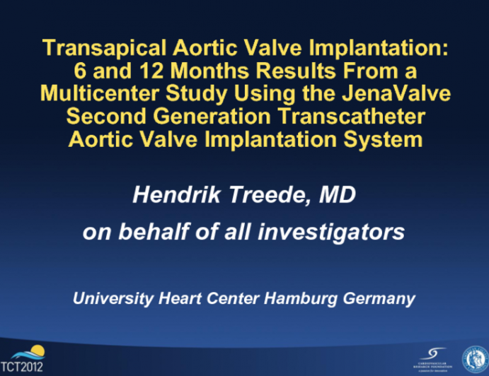 TCT-102. Transapical Aortic Valve Implantation: 6 and 12 Months Results from a Multicenter Study Using the JenaValve Second Generation Transcatheter Aortic Valve Implantation...