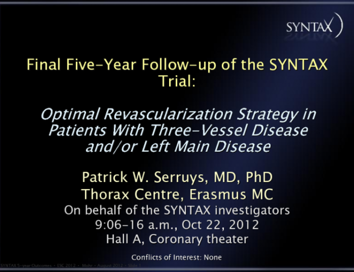 TAXUS: Final Five-Year SYNTAX Results (Entire Study Population)