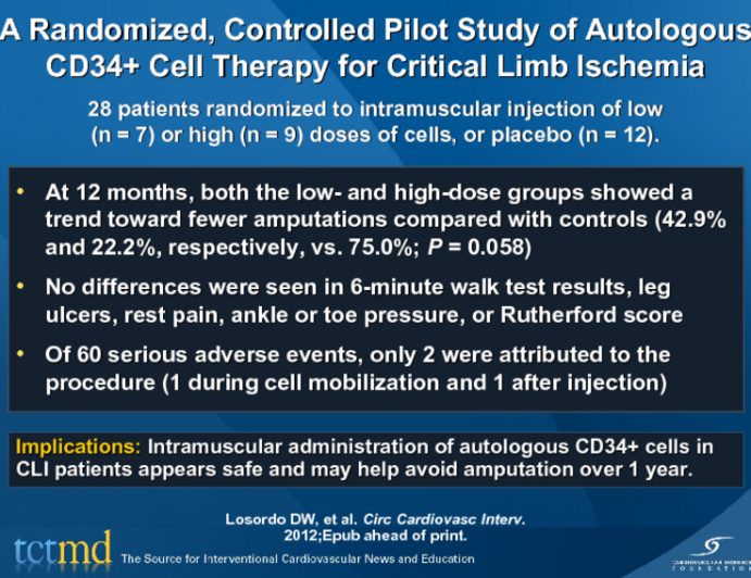 A Randomized, Controlled Pilot Study of Autologous CD34+ Cell Therapy for Critical Limb Ischemia