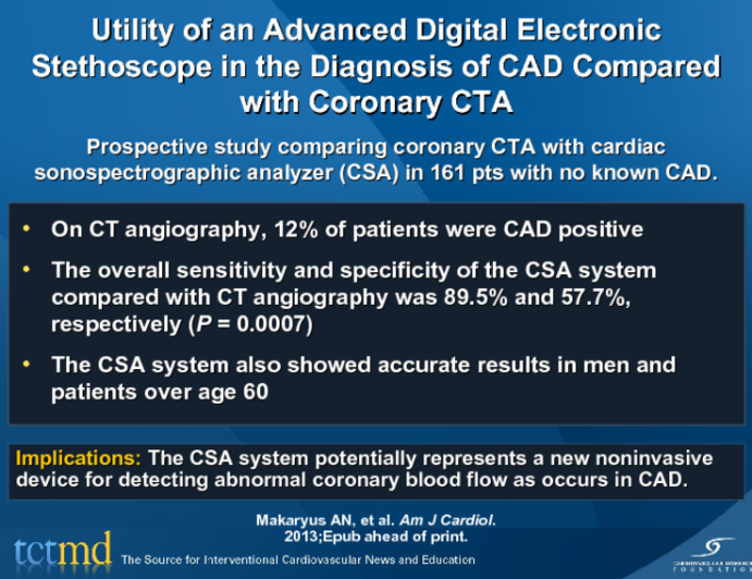 Utility of an Advanced Digital Electronic Stethoscope in the Diagnosis of CAD Compared with Coronary CTA
