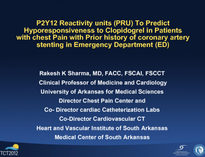 P2Y12 Reactivity units (PRU) to Predict Hyporesponsiveness to Clopidogrel in Patients   with Chest Pain with Prior History of Coronary Artery Stenting in Emergency Department