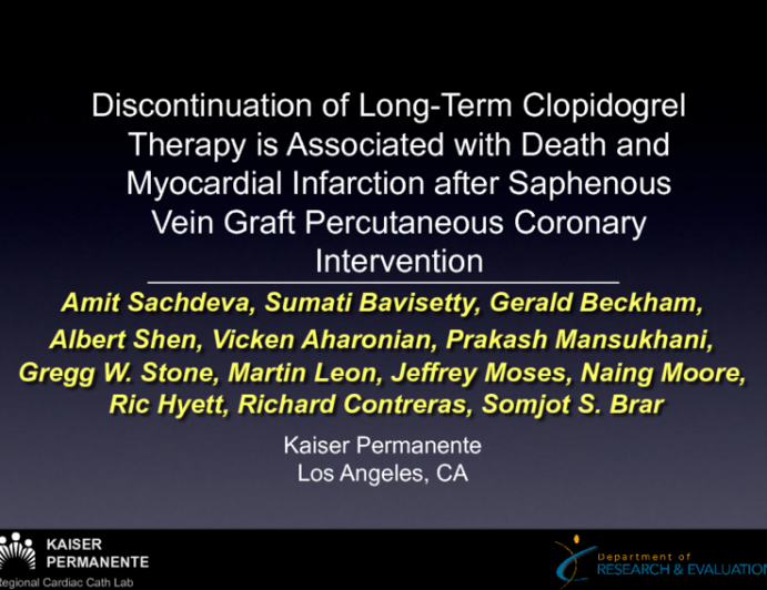 Discontinuation of Long-Term Clopidogrel Therapy is Associated with Death and Myocardial Infarction after Saphenous Vein Graft Percutaneous Coronary Intervention