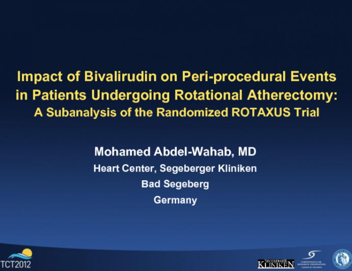 Impact of bivalirudin on peri-procedural events in patients undergoing rotational atherectomy: a subanalysis of the randomized ROTAXUS trial