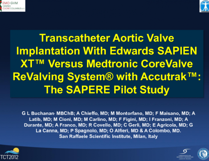 Transcatheter Aortic Valve Implantation with Edwards SAPIEN XT™ versus Medtronic CorEvalve REvalving System® with AccuTrak™:  The SAPERE Pilot Study