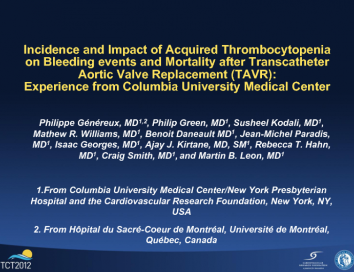 Incidence and Impact of Acquired Thrombocytopenia on Bleeding Events and Mortality after Transcatheter Aortic Valve Replacement (TAVR)