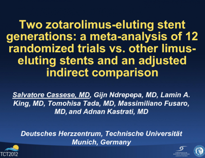 Two zotarolimus-eluting stent generations: a meta-analysis of 12 randomized trials versus other limus-eluting stents and an adjusted indirect comparison.