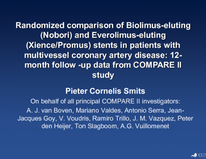 Randomized comparison of Biolimus-eluting (Nobori)  and Everolimus-eluting (Xience/Promus)  stents in patients with multivessel coronary artery disease: 12-month follow-up data...
