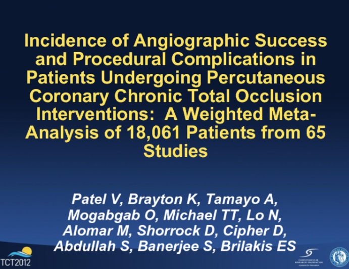 Incidence of Procedural Complications in Patients Undergoing Percutaneous Coronary Chronic Total Occlusion Interventions:  A Systematic Review and Meta-Analysis