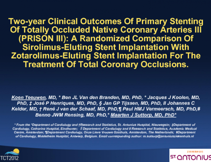 Two-year Clinical Outcomes Of Primary Stenting Of Totally Occluded Native Coronary Arteries III (PRISON III): A Randomized Comparison Of Sirolimus-Eluting Stent Implantation Wit...