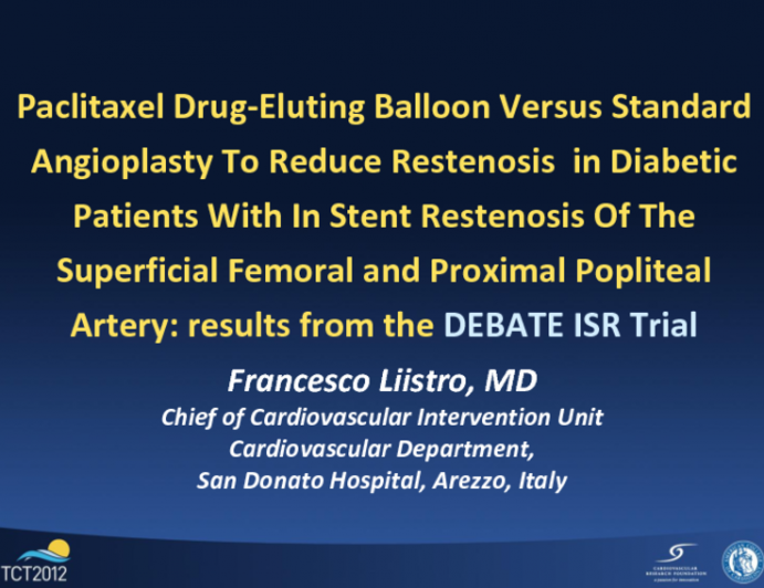 Paclitaxel Drug Eluting Balloon Versus Standard Angioplasty  To Reduce Restenosis In Diabetic Patients With In Stent Restenosis Of The Superficial Femoral And Proximal Popliteal...