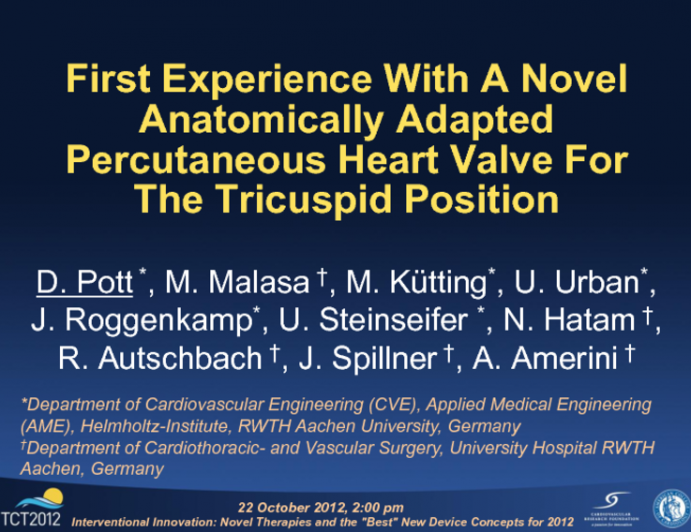 First Experience With A Novel Anatomically Adapted Percutaneous Heart Valve For The Tricuspid Position