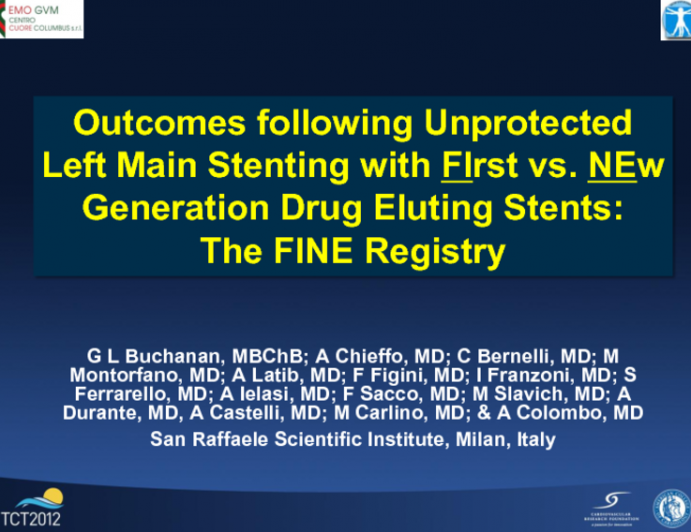 Two Year Outcomes Following Unprotected Left Main Stenting with First- vs. New-Generation Drug-Eluting Stents:  The FINE Registry
