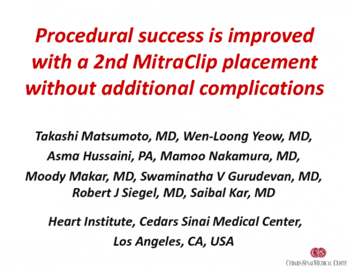 Procedural success is improved with a 2nd MitraClip placement without additional complications.