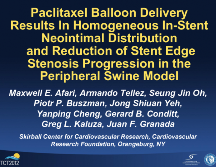 Paclitaxel Balloon Delivery Results In Homogeneous In-Stent Neointimal Distribution and Reduction of Stent Edge Stenosis Progression in the Peripheral Swine Model
