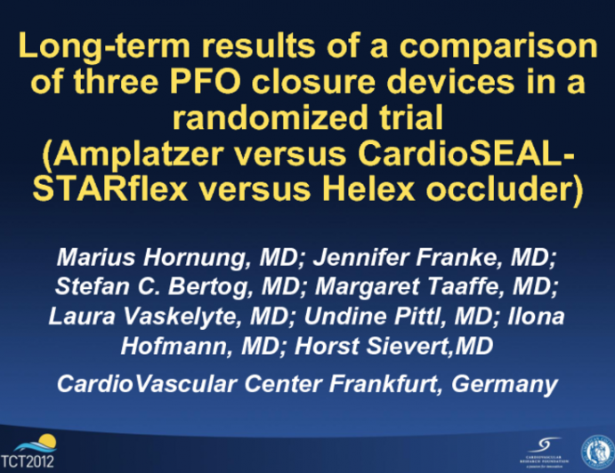 Long-term results of a comparison of three patent foramen ovale closure devices in a randomized trial (Amplatzer versus CardioSEAL-STARflex versus Helex occluder)
