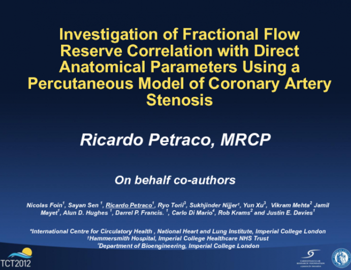 Investigation of Fractional Flow Reserve Correlation with Direct Anatomical Parameters Using a Percutaneous Model of Coronary Artery Stenosis