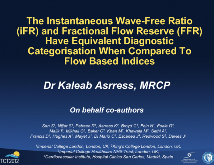 The Instantaneous Wave-Free Ratio (iFR) and Fractional Flow Reserve (FFR) Have Equivalent Diagnostic Categorisation When Compared To Flow Based Indices