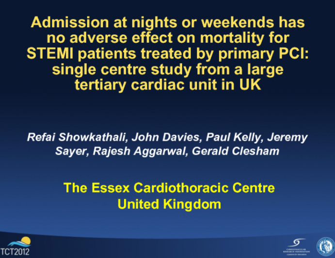 Admission At Nights Or Weekends Has No Adverse Effect On Mortality For ST Elevation Myocardial Infarction Patients Treated By Primary Percutaneous Coronary Intervention: Single...