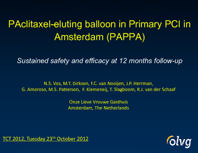 PAclitaxel-eluting Balloon In Primary Percutaneous Coronary Intervention In Amsterdam (PAPPA): Sustained Safety And Efficacy At 12 Months Follow-up.