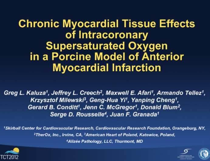 Chronic Myocardial Tissue Effects of Intracoronary Supersaturated Oxygen in a Porcine Model of Anterior Myocardial Infarction