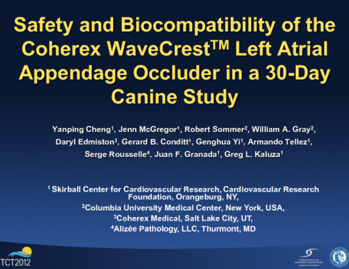 Safety and Biocompatibility of the Coherex WaveCrest[sup]TM[/sup]  Left Atrial Appendage Occluder in a 30-Day Canine Study