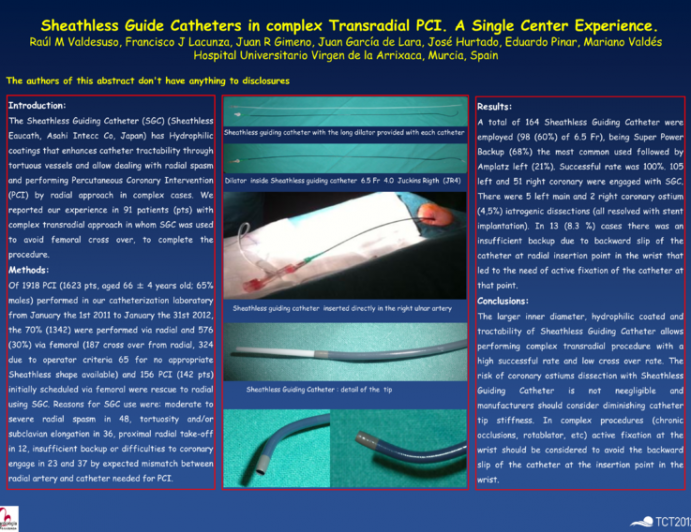 Sheathless Guide Catheters in complex Transradial PCI. A Single Center Experience