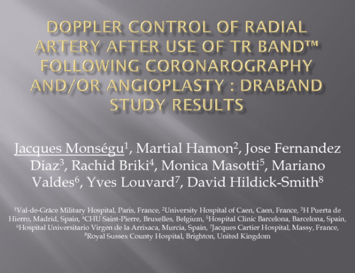 Doppler Control Of Radial Artery After Use of TR Band Following Coronarography and/or Angioplasty : DRABAND study results
