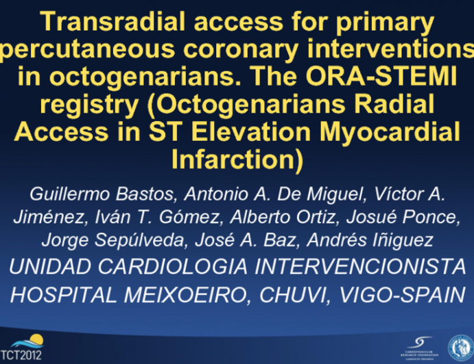 Transradial access for primary percutaneous coronary interventions in octogenarian patients with acute myocardial infarction.  The ORA-STEMI (Octogenarians Radial Access in ST...
