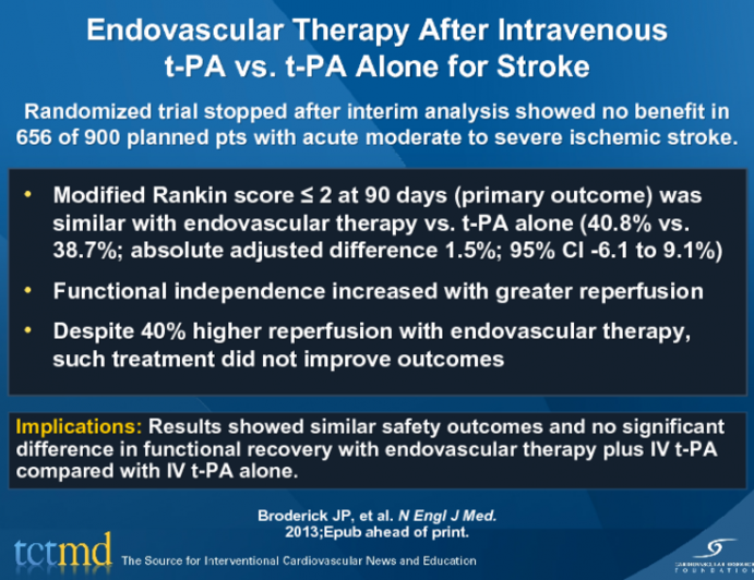 Endovascular Therapy After Intravenous t-PA vs. t-PA Alone for Stroke