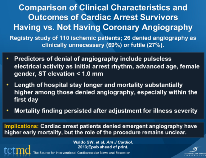 Comparison of Clinical Characteristics and Outcomes of Cardiac Arrest Survivors Having vs. Not Having Coronary Angiography