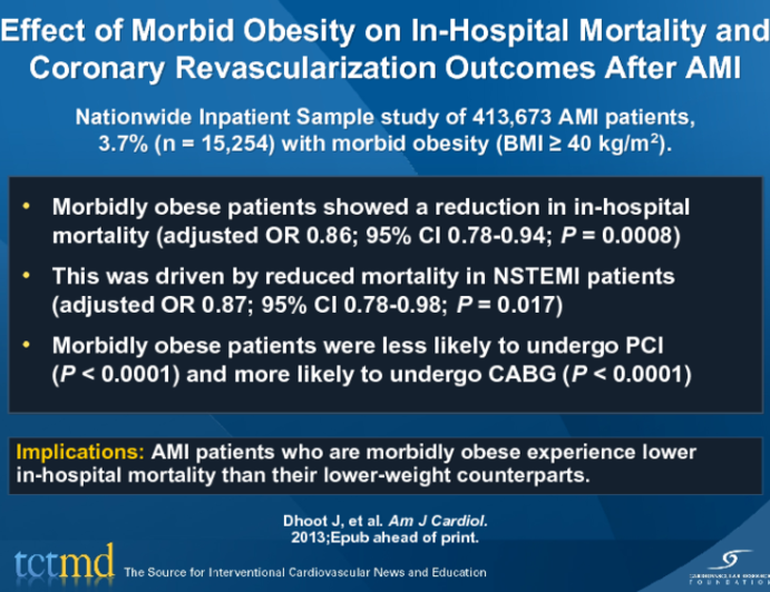Effect of Morbid Obesity on In-Hospital Mortality and Coronary Revascularization Outcomes After AMI