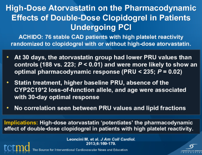 High-Dose Atorvastatin on the Pharmacodynamic Effects of Double-Dose Clopidogrel in Patients Undergoing PCI