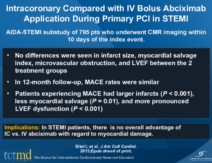 Intracoronary Compared with IV Bolus Abciximab Application During Primary PCI in STEMI