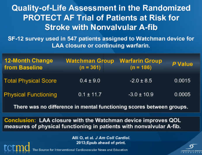 Quality-of-Life Assessment in the Randomized PROTECT AF Trial of Patients at Risk for Stroke with Nonvalvular A-fib