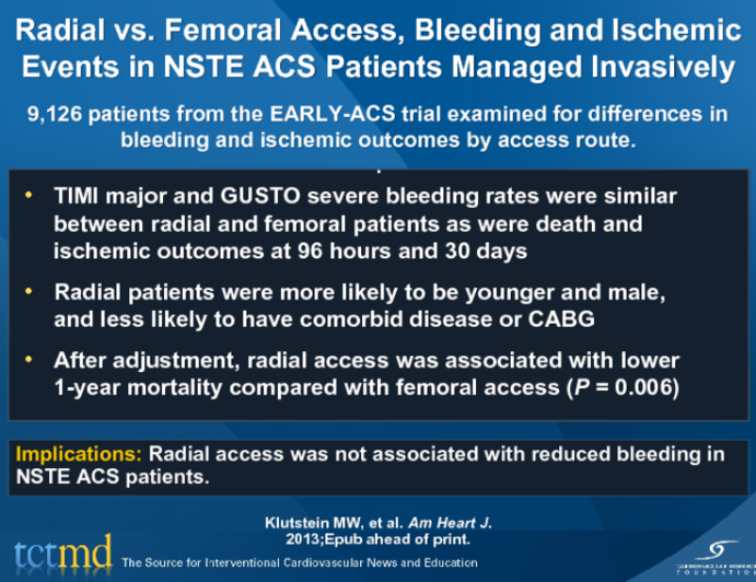 Radial vs. Femoral Access, Bleeding and Ischemic Events in NSTE ACS Patients Managed Invasively