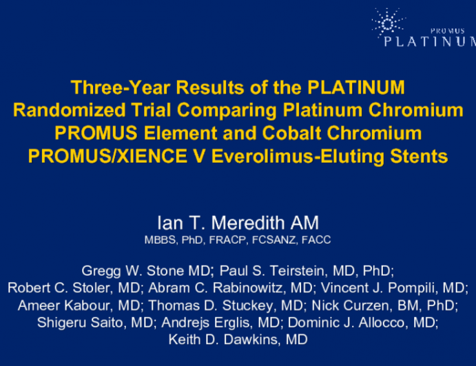 Three-Year Results of the PLATINUM Randomized Trial Comparing Platinum Chromium PROMUS Element and Cobalt Chromium PROMUS/XIENCE V Everolimus-Eluting Stents