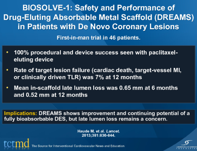 BIOSOLVE-1: Safety and Performance of Drug-Eluting Absorbable Metal Scaffold (DREAMS) in Patients with De Novo Coronary Lesions
