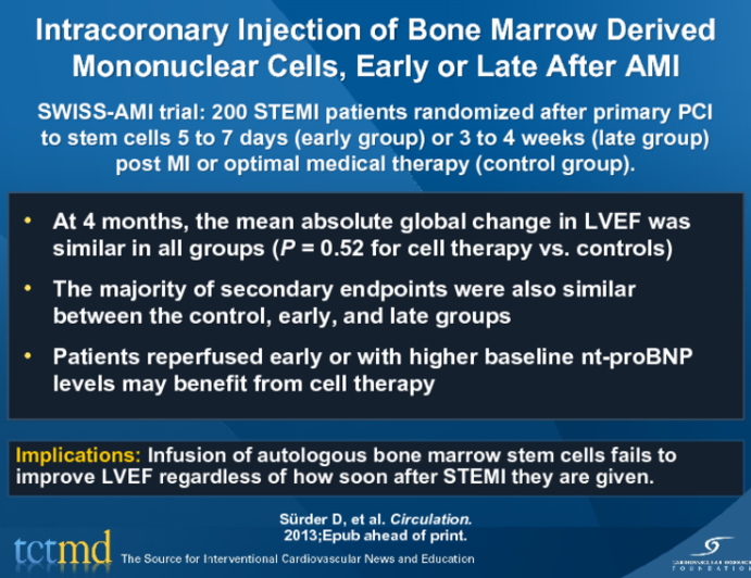 Intracoronary Injection of Bone Marrow Derived Mononuclear Cells, Early or Late After AMI