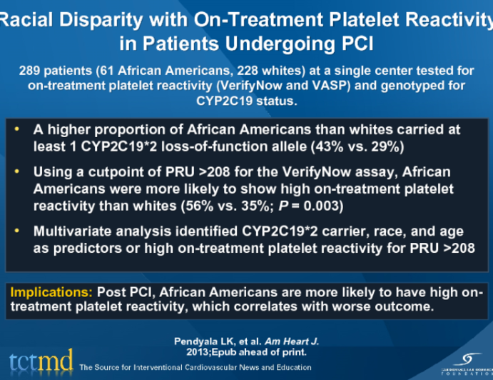 Racial Disparity with On-Treatment Platelet Reactivity in Patients Undergoing PCI
