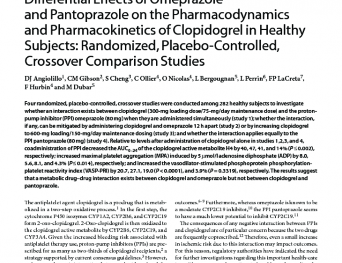Differential Effects of Omeprazole and Pantoprazole on the Pharmacodynamics and Pharmacokinetics of Clopidogrel in Healthy Subjects: Randomized, Placebo-Controlled, Crossover Comparison Studies