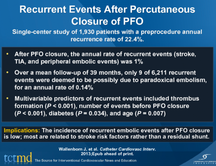 Recurrent Events After Percutaneous Closure of PFO