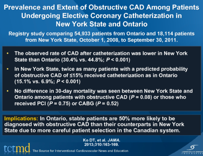 Prevalence and Extent of Obstructive CAD Among Patients Undergoing Elective Coronary Catheterization in New York State and Ontario