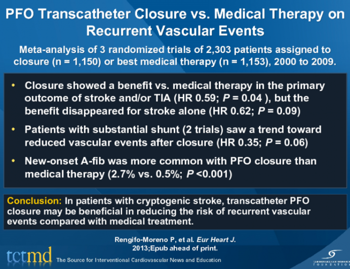 PFO Transcatheter Closure vs. Medical Therapy on Recurrent Vascular Events