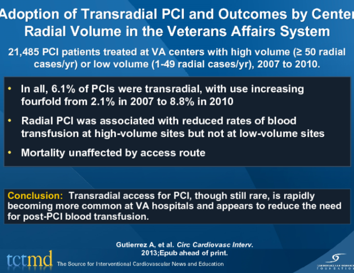 Adoption of Transradial PCI and Outcomes by Center Radial Volume in the Veterans Affairs System