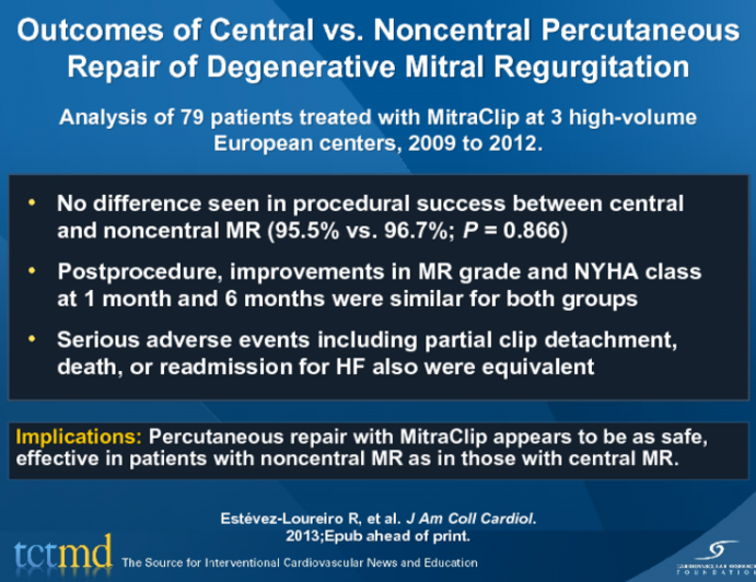Outcomes of Central vs. Noncentral Percutaneous Repair of Degenerative Mitral Regurgitation