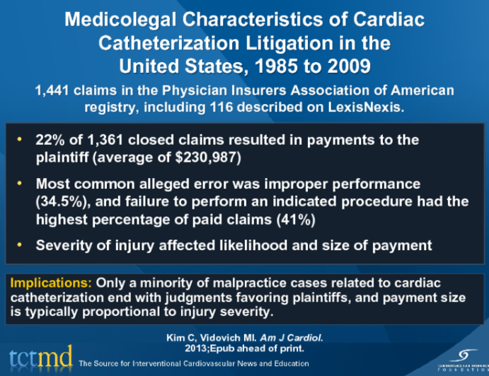 Medicolegal Characteristics of Cardiac Catheterization Litigation in the United States, 1985 to 2009