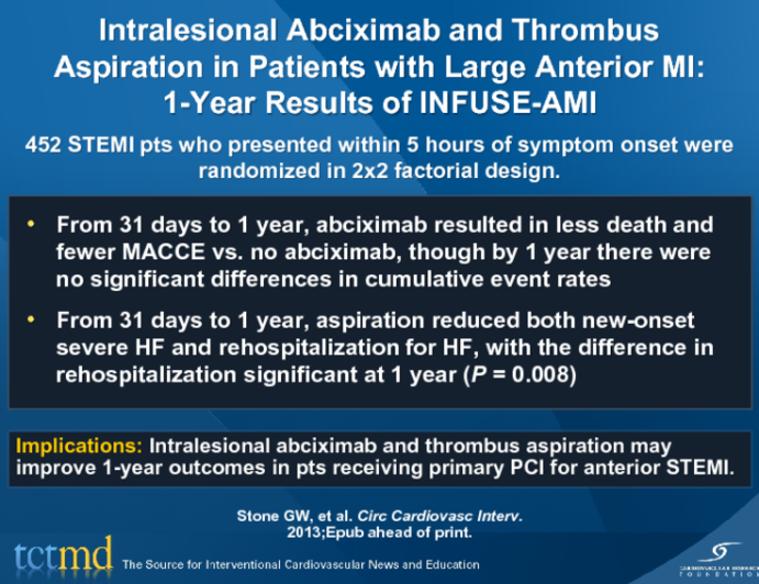 Intralesional Abciximab and Thrombus Aspiration in Patients with Large Anterior MI: 1-Year Results of INFUSE-AMI